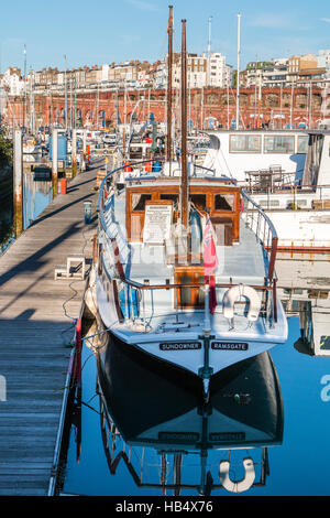 Sundowner, one of the 'little ships' from the Dunkirk evacuation, 1940, moored at a pontoon at Ramsgate harbour. Once owned by Charles Lightoller. Stock Photo