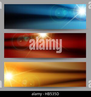 Set of horizontal banners with Flare bright sun rays abstract background for website header, banner or night party flier template. Vector illustration