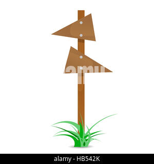 Wooden arrow with bush. Directional pointer, wooden guidepost arrow board. Vector illustration Stock Photo