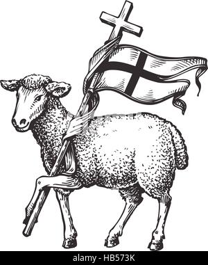 Lamb with Cross. Religion symbol. Sketch vector illustration Stock Vector