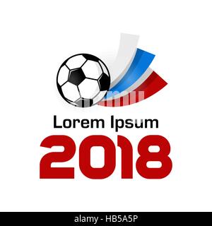 Logo Football Championship 2018 Russia. Poster with Russian flag. Vector Illustration. Flat colored banner isolated soccer ball Stock Vector