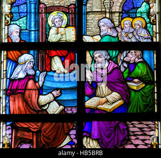 The Finding in the Temple, also called Christ among the Doctors, on a stained glass in Werchter, Belgium. Stock Photo