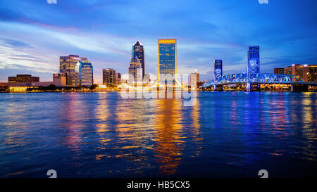 Jacksonville, Florida city skyline over the St. John's River (building logos blurred for commercial use) Stock Photo