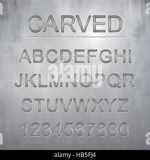 metallic carved font design set over grey background Stock Vector