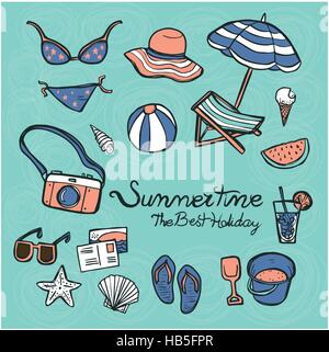lovely summertime essentials in colorful hand drawn style Stock Vector