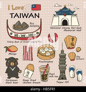 travel concept: Taiwan famous things and landscapes in hand drawn style - the word on sky lantern means happiness in Chinese and the word on fried chi Stock Vector