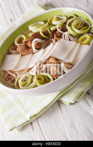 Korean cuisine: Galbitang soup with beef ribs, rice noodles and daikon close up in a bowl. vertical Stock Photo