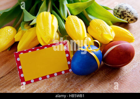 Easter greeting card and colorful eggs. Stock Photo