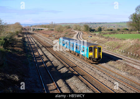 Arriva Trains Wales 150236 passes through Bishton and the Bishton Flyover with 2G58 1115 Maesteg to Cheltenham Spa on 19th Feb 2016. Stock Photo