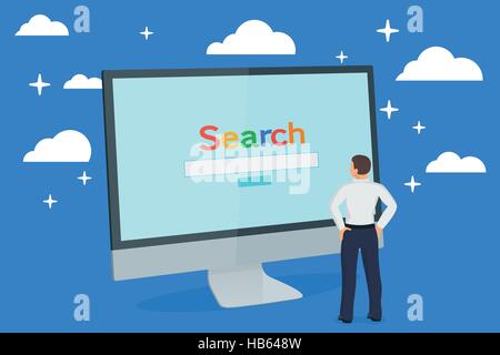 Simple browser window. Computer monitor. Search engine on the screen. A man looks at a monitor. Browser search. Stock Vector