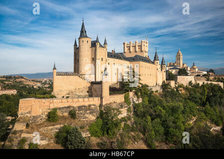 The Alcazar with the Cathedral and city of Segovia in the background, Segovia, Central Spain Stock Photo