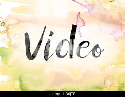 The word 'Video' painted in black ink over a colorful watercolor washed background concept and theme. Stock Photo