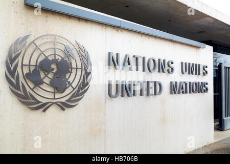 United Nations palace sign in Geneva Stock Photo