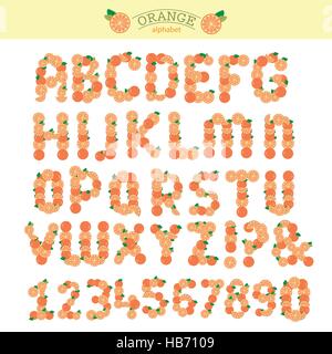 Orange fruit special font, abc a-z capital headline letters, vector Stock Vector