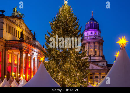 Berlin Christmas Market, Berlin Gendarmenmarkt Christmas Market, Germany Christmas Market Europe Tree Evening Lights Stock Photo