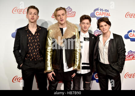 (left to right) James McVey, Tristan Evans, Connor Ball and Bradley Simpson of The Vamps during Capital's Jingle Bell Ball with Coca-Cola at London's O2 arena. Stock Photo