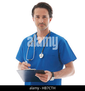 Portrait of young doctor in blue uniform isolated on white background Stock Photo
