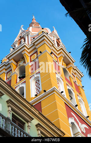Looking up at the beautiful and colorful cathedral in Cartagena, Colombia Stock Photo