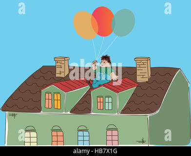 Illustration, fabulous man on the roof. Stock Photo