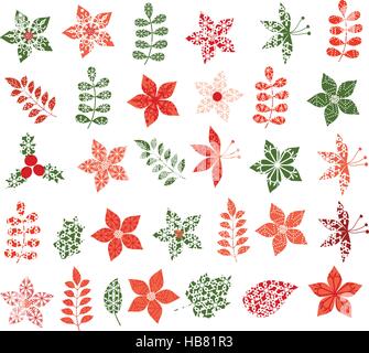 Winter and Christmas flowers, leaves and branches in red and green colors with abstract geometric shapes Stock Vector
