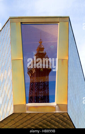 The world famous Blackpool Tower reflected in the towns tourist information centre, Lancashire, UK. Stock Photo