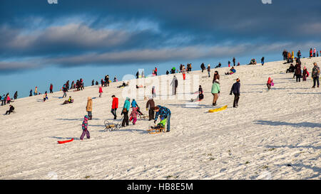 Snow sledding hill in Riga is joy for children and adults. Stock Photo