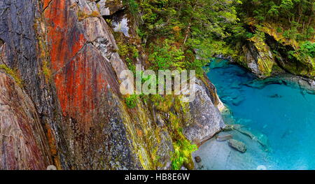 Blue Pools, rock pools filled from Makarora River, turquoise crystal clear water, Wanaka, Otago Region, South Island Stock Photo