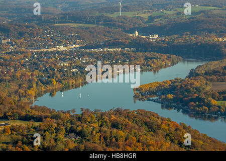 Aerial view, autumnal leaves at Baldeneysee, lake Baldeney, Essen, Ruhr area, North Rhine-Westfalia, Germany, Europe, Aerial Stock Photo