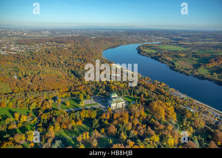 Aerial view, autumnal leaves at Baldeneysee, Villa Huegel, Villa Hügel, former Krupp residence, Essen, Ruhr area, Stock Photo