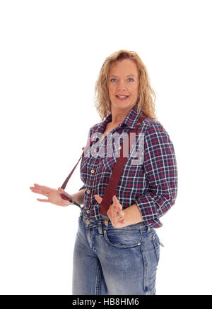 Woman in checkered shirt and suspender. Stock Photo