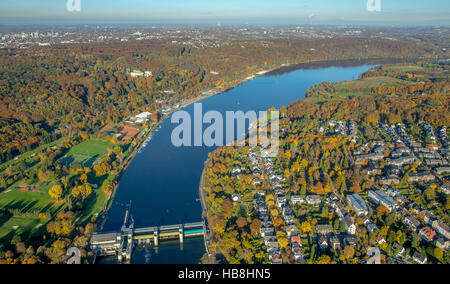 Aerial view, autumnal leaves at Baldeneysee, Villa Huegel, Villa Hügel, former Krupp residence, Essen, Ruhr area, Stock Photo