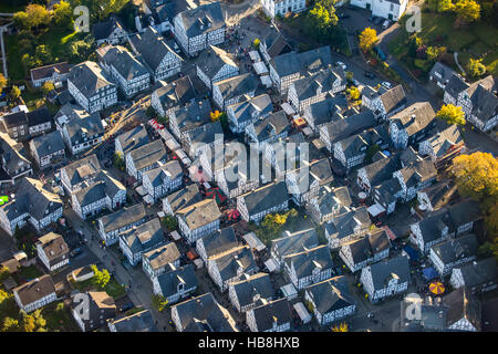 Aerial view, age spots, historical town center of Freudenberg, half-timbered houses, Freudenberg, Siegen-Wittgenstein, Stock Photo