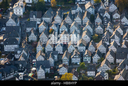 Aerial view, age spots, historical town center of Freudenberg, half-timbered houses, Freudenberg, Siegen-Wittgenstein, Stock Photo