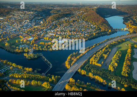 Aerial view, Ruhr confluence Volme: power plant and dam pin mill with fish ladders and lock,  Herdecke Stock Photo