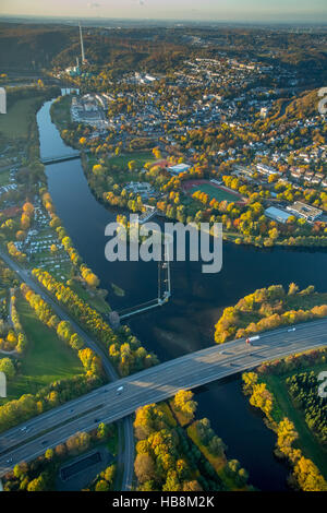 Aerial view, Ruhr confluence Volme: power plant and dam pin mill with fish ladders and lock, Friedrich-Harkort Gymnasium, Stock Photo