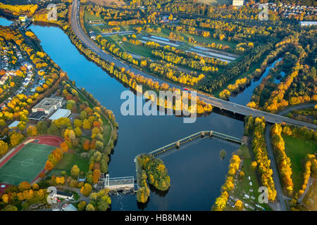 Aerial view, Ruhr confluence Volme: power plant and dam pin mill with fish ladders and lock, Herdecke, Ruhr, Stock Photo