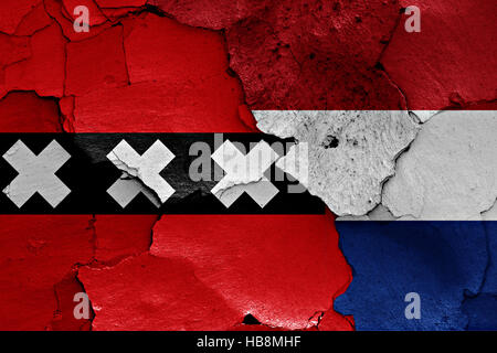 flags of Amsterdam and Netherlands painted on cracked wall Stock Photo ...
