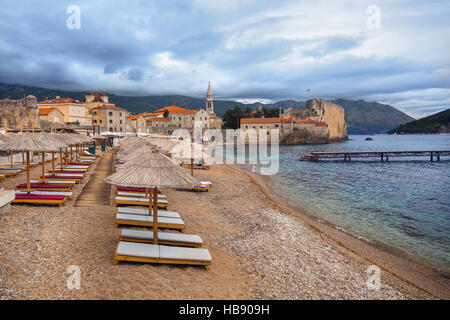 Beach and Old Town in Budva Montenegro Stock Photo