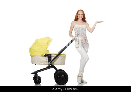 Woman with baby and pram isolated on white Stock Photo