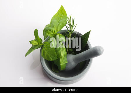 mortar with herbs isolated on a white background Stock Photo