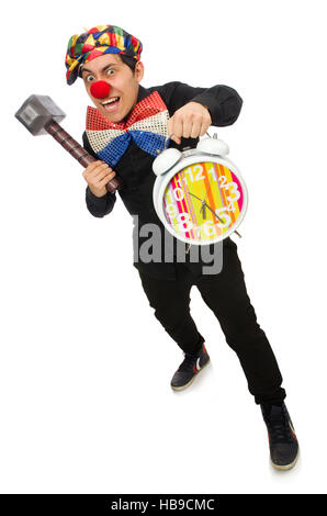 Funny clown with hammer and clock on white Stock Photo