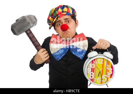 Funny clown with hammer and clock on white Stock Photo