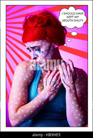 Portrait in pop art comic strip style featuring sad red haired woman with white dots, blue tears and contouring on skin Stock Photo