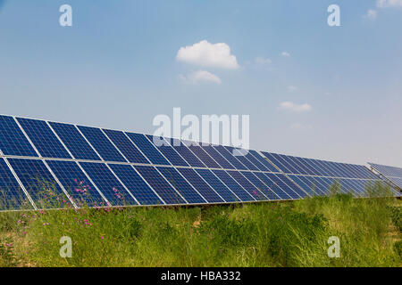 solar panels under blue sky Stock Photo