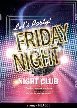 gorgeous Friday night club poster with glitter disco ball and laser light on the background Stock Vector