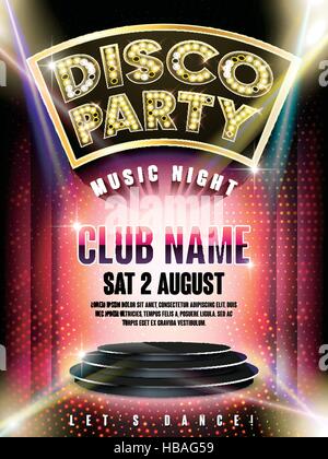 gorgeous disco party poster with illuminated stage and laser light on the background Stock Vector