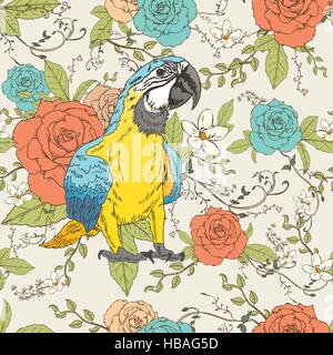 retro roses seamless background with a elegant parrot standing in the middle Stock Vector