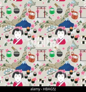 elegant flat design seamless pattern with traditional japan culture representative things Stock Vector