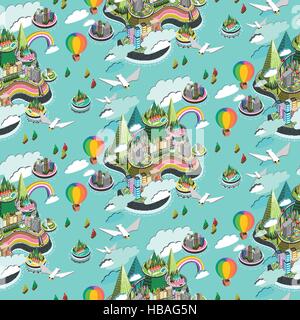 adorable island city seamless background with colorful elements Stock Vector