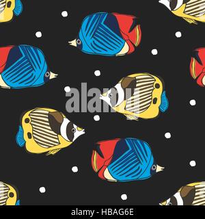 vivid colorful hand drawn tropical fish seamless background Stock Vector